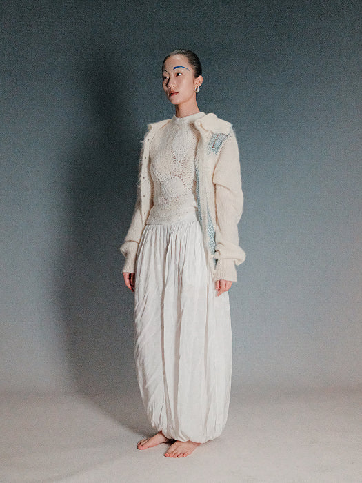 Cashmere Mohair Knit Cardigan in Ivory & Ocean Blue