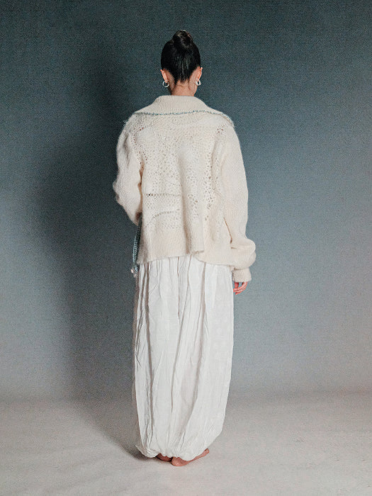 Cashmere Mohair Knit Cardigan in Ivory & Ocean Blue