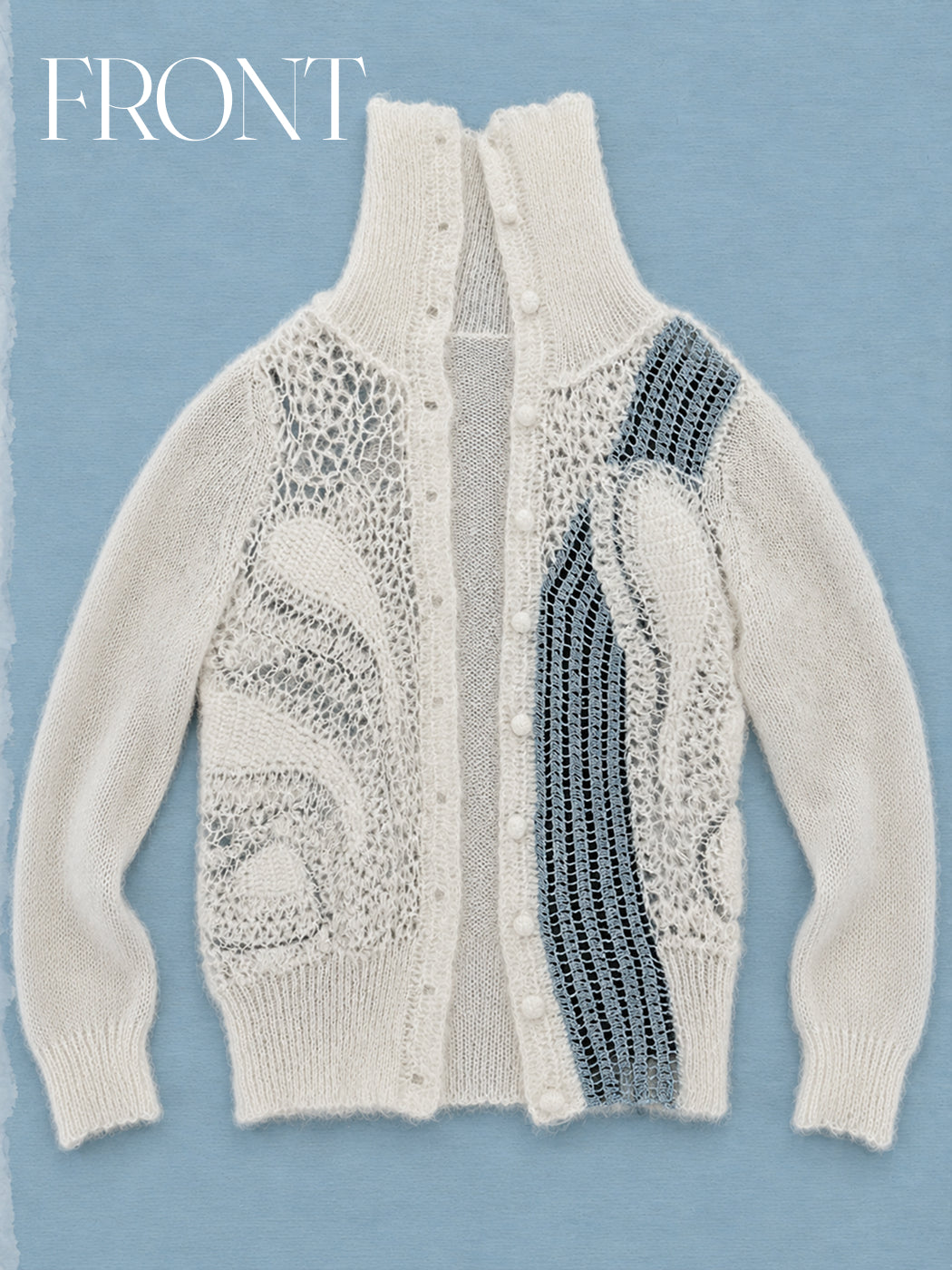 Cashmere Mohair Knit Cardigan in Ivory & Ocean Blue