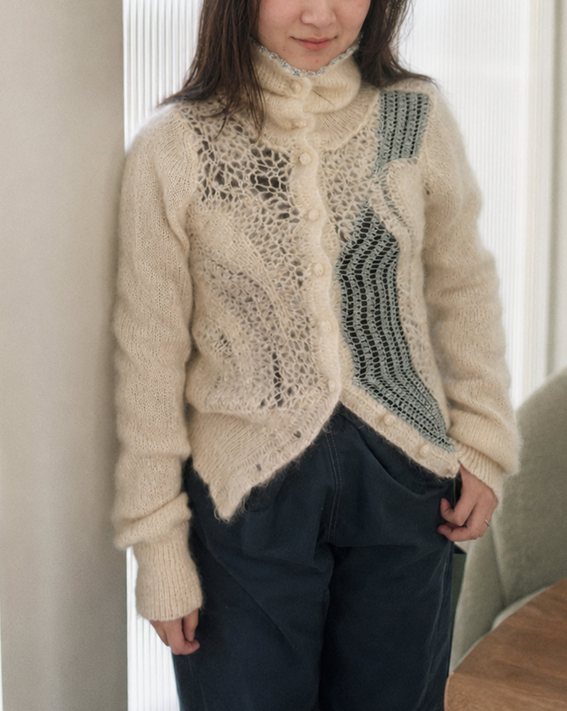 Cashmere Mohair Knit Cardigan in Ivory & Ocean Blue