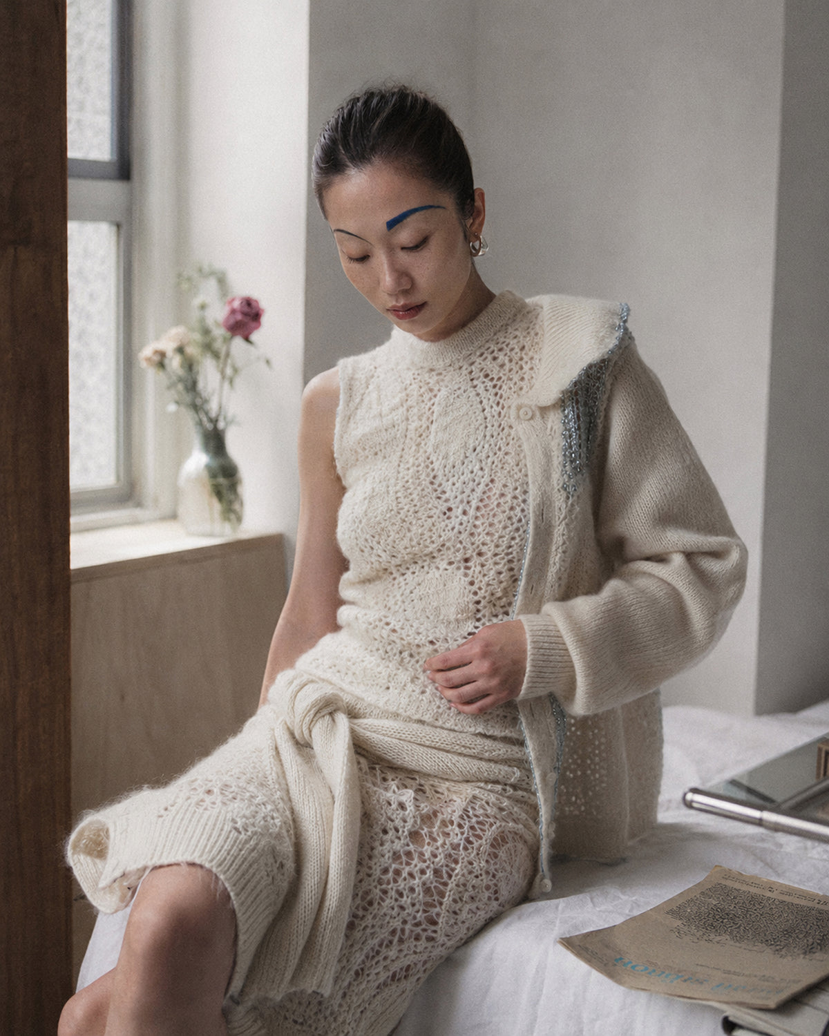 Cashmere Mohair Knit Cardigan in Ivory & Ocean Blue