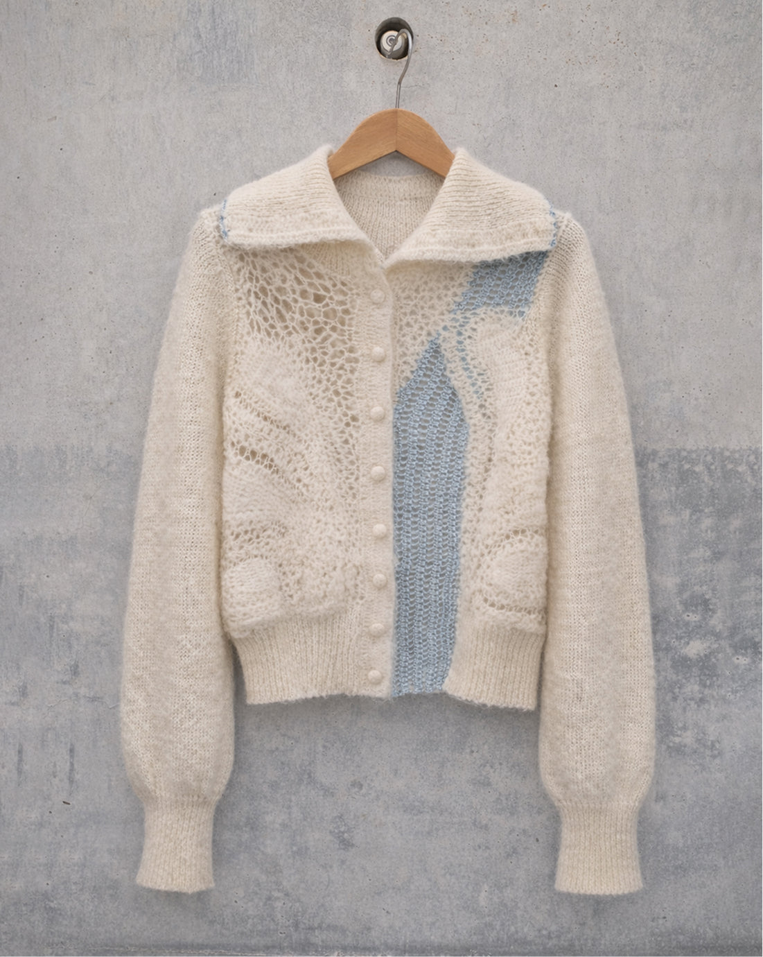 Cashmere Mohair Knit Cardigan in Ivory & Ocean Blue